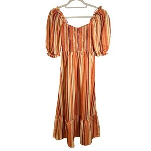 Charlie Holiday Striped Maxi Dress Smocked  Puff Sleeve Orange Brown size 4